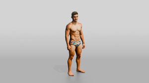 Latino Man in Multi-Colored Swim Brief Beach Pose - 3D character model, view 1