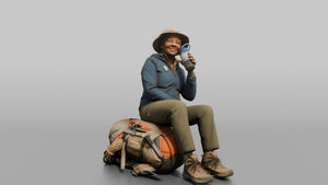 Hiker Sitting on Her Backpack, Taking a Break - 3D character model, view 1