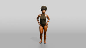 Black Woman in Olive One-Piece Swimsuit Hand on Hip - 3D character model, view 1