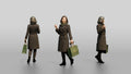 Woman in Double-Breasted Coat with Shopping Bag
