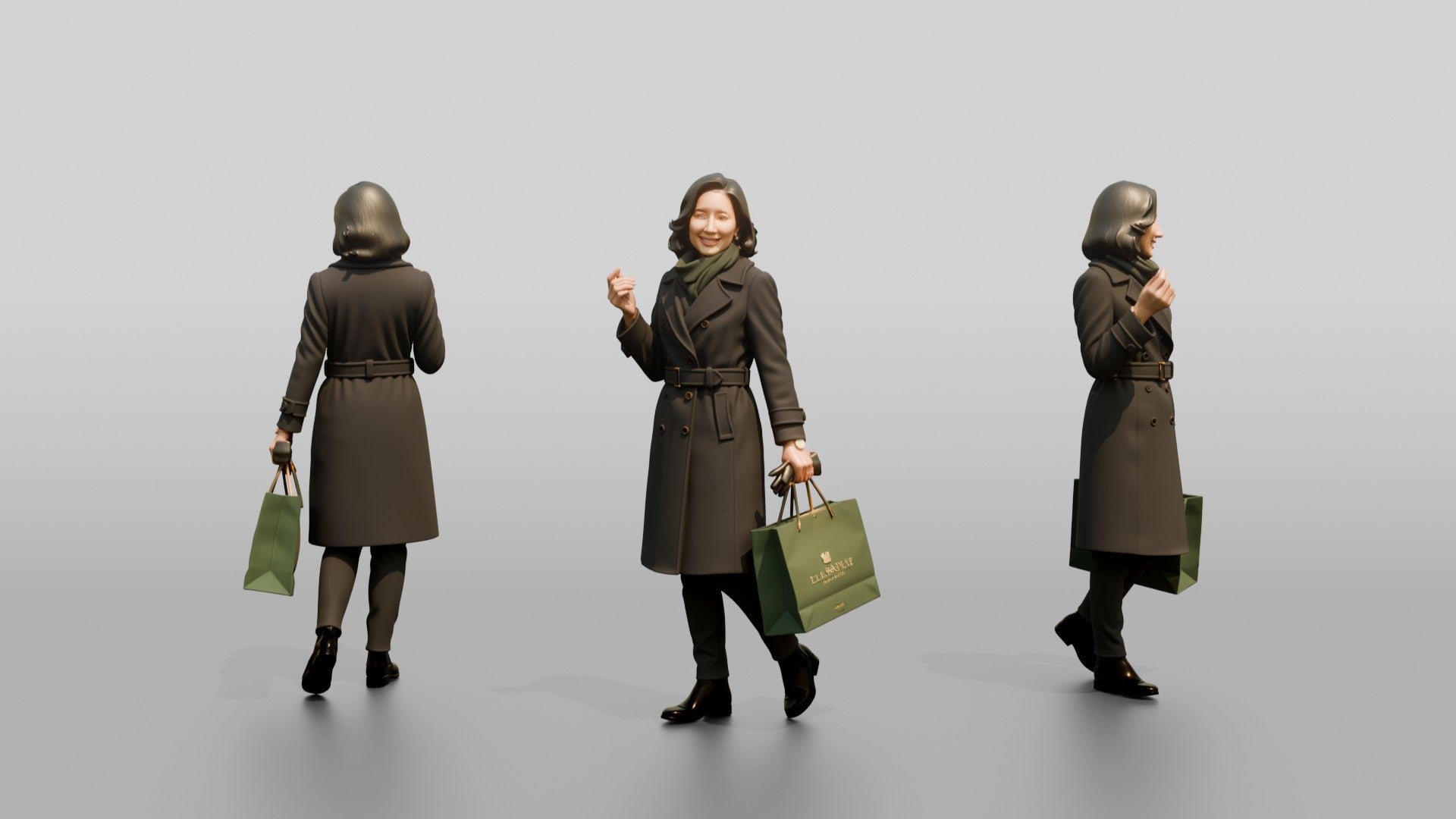 Woman in Double-Breasted Coat with Shopping Bag