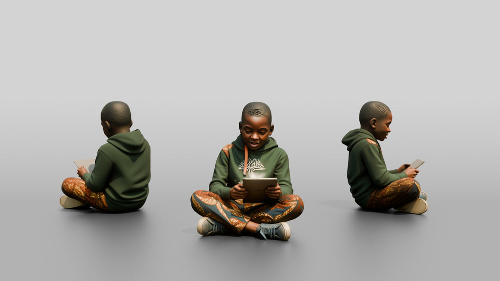 African Boy Sitting Cross-Legged with a Tablet