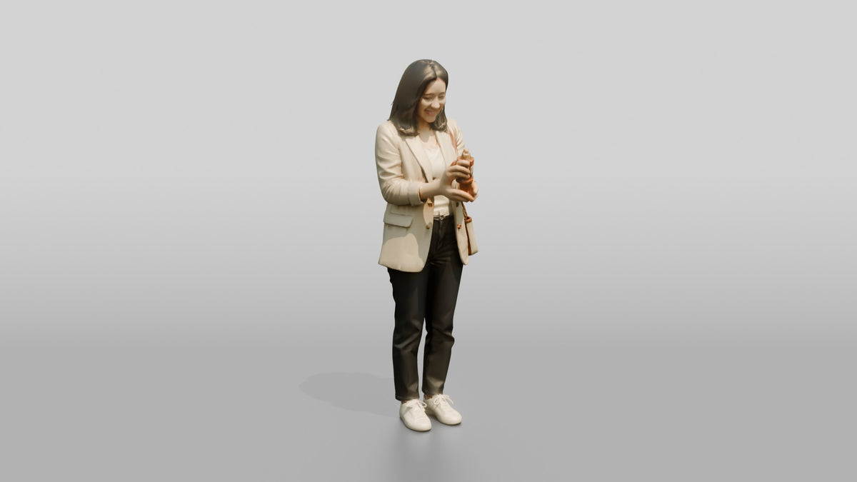 Young Asian Woman Holding Coffee Cup with Crossbody Bag - 3D character model, view 1