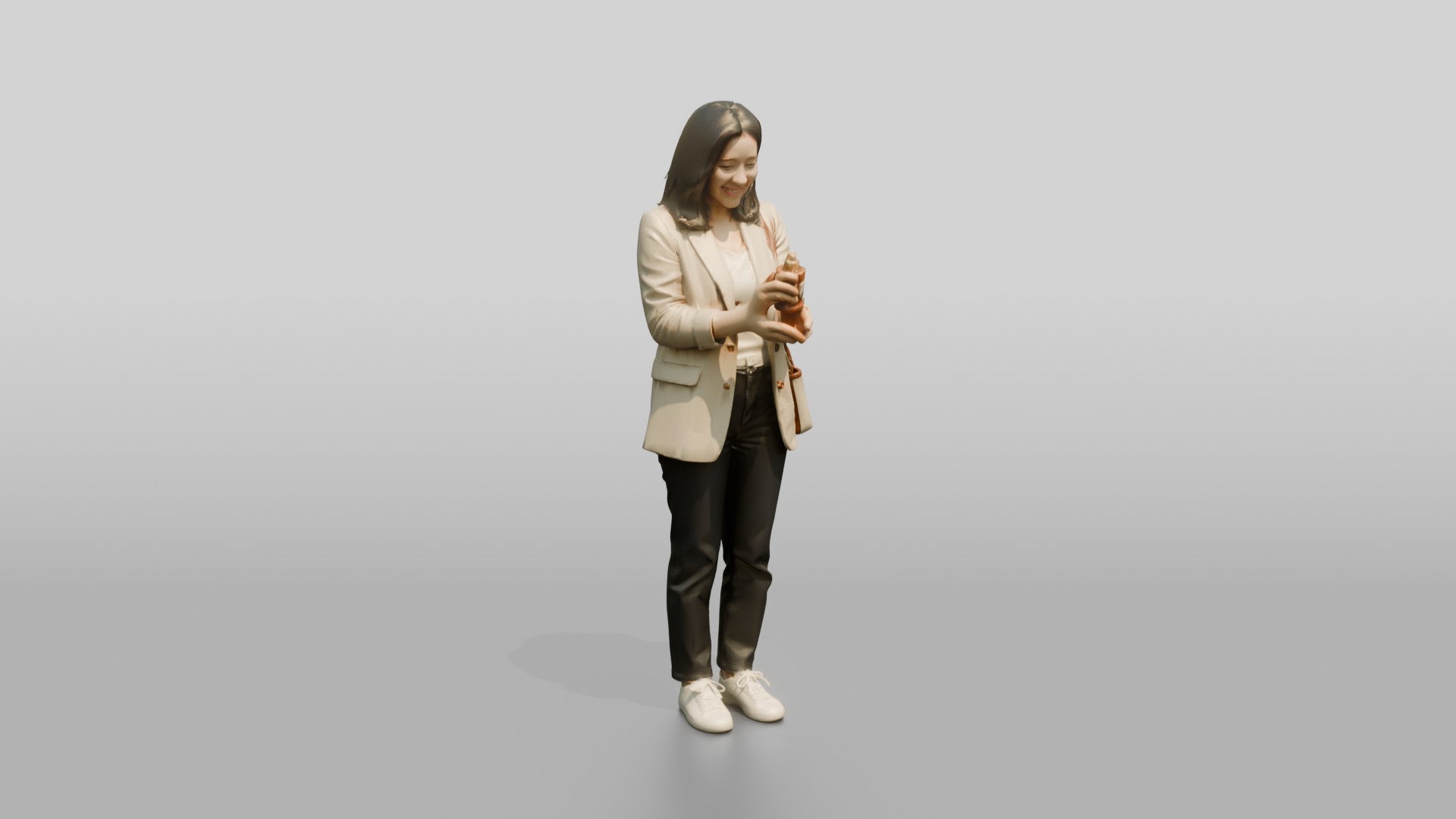 Young Asian Woman Holding Coffee Cup with Crossbody Bag