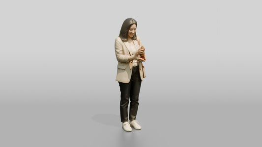 Young Asian Woman Holding Coffee Cup with Crossbody Bag - 3D character model, view 1