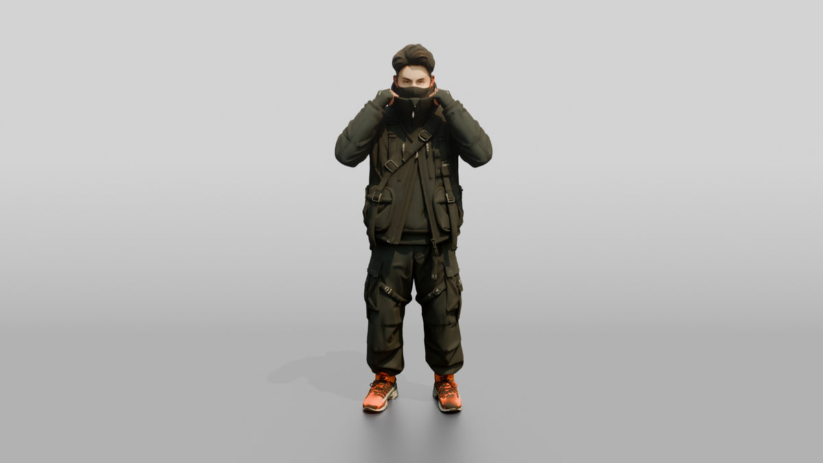 Techwear Man Pulling Up His Collar - 3D character model, view 5
