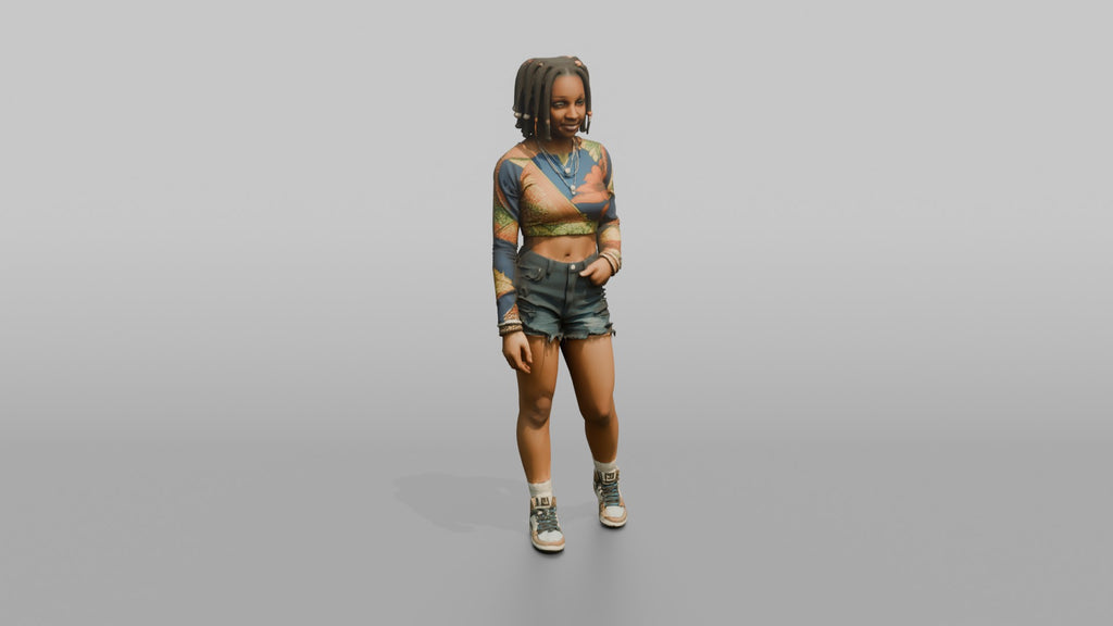 African Woman in Colorful Crop Top and Denim Shorts