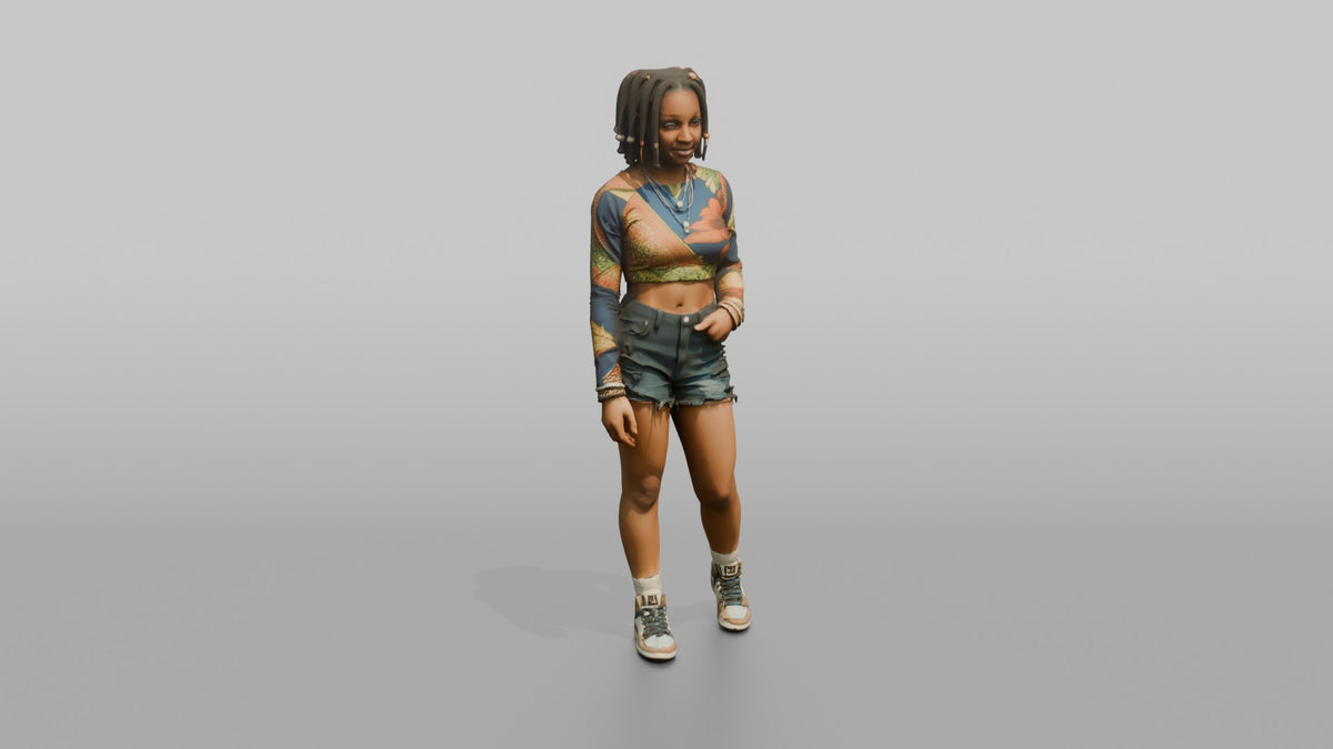 African Woman in Colorful Crop Top and Denim Shorts - 3D character model, view 1