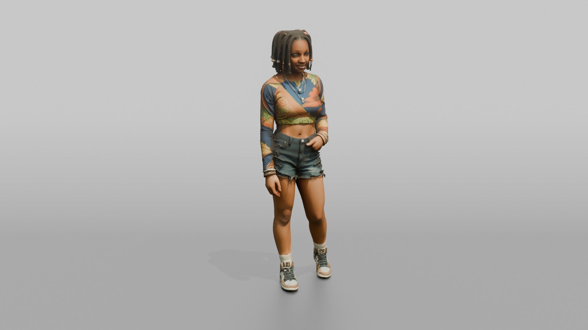 African Woman in Colorful Crop Top and Denim Shorts