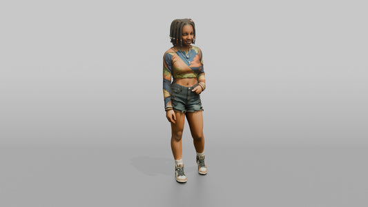 African Woman in Colorful Crop Top and Denim Shorts - 3D character model, view 1