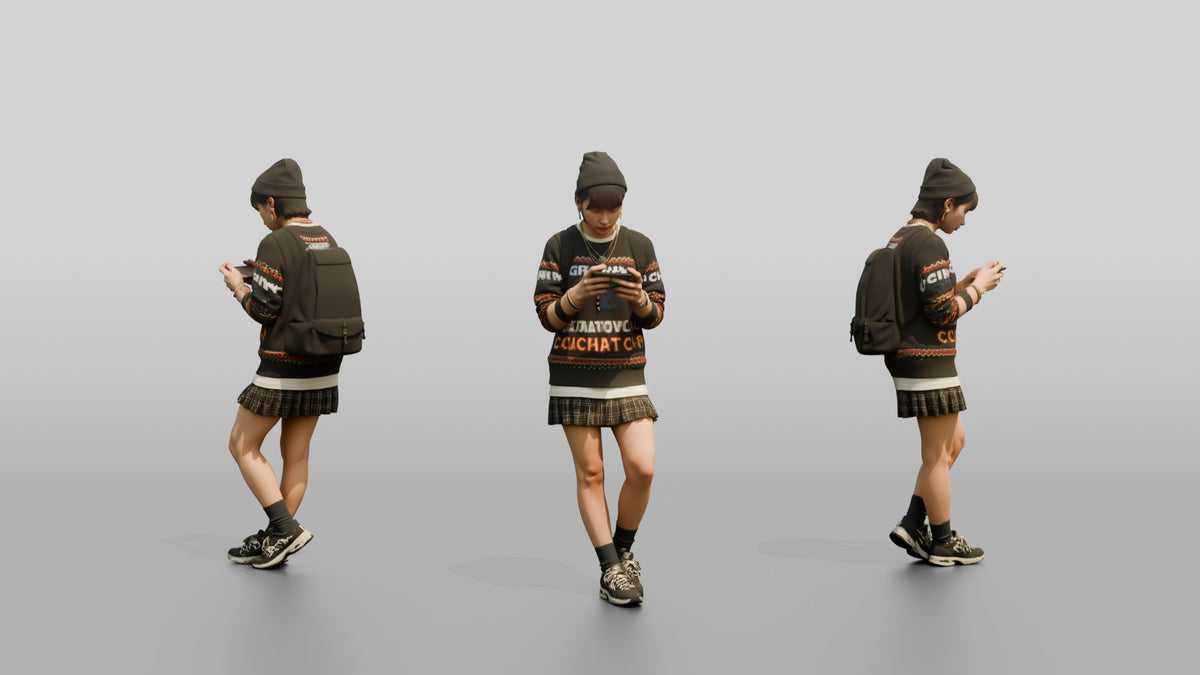 Asian Woman Gaming on Smartphone - 3D character model