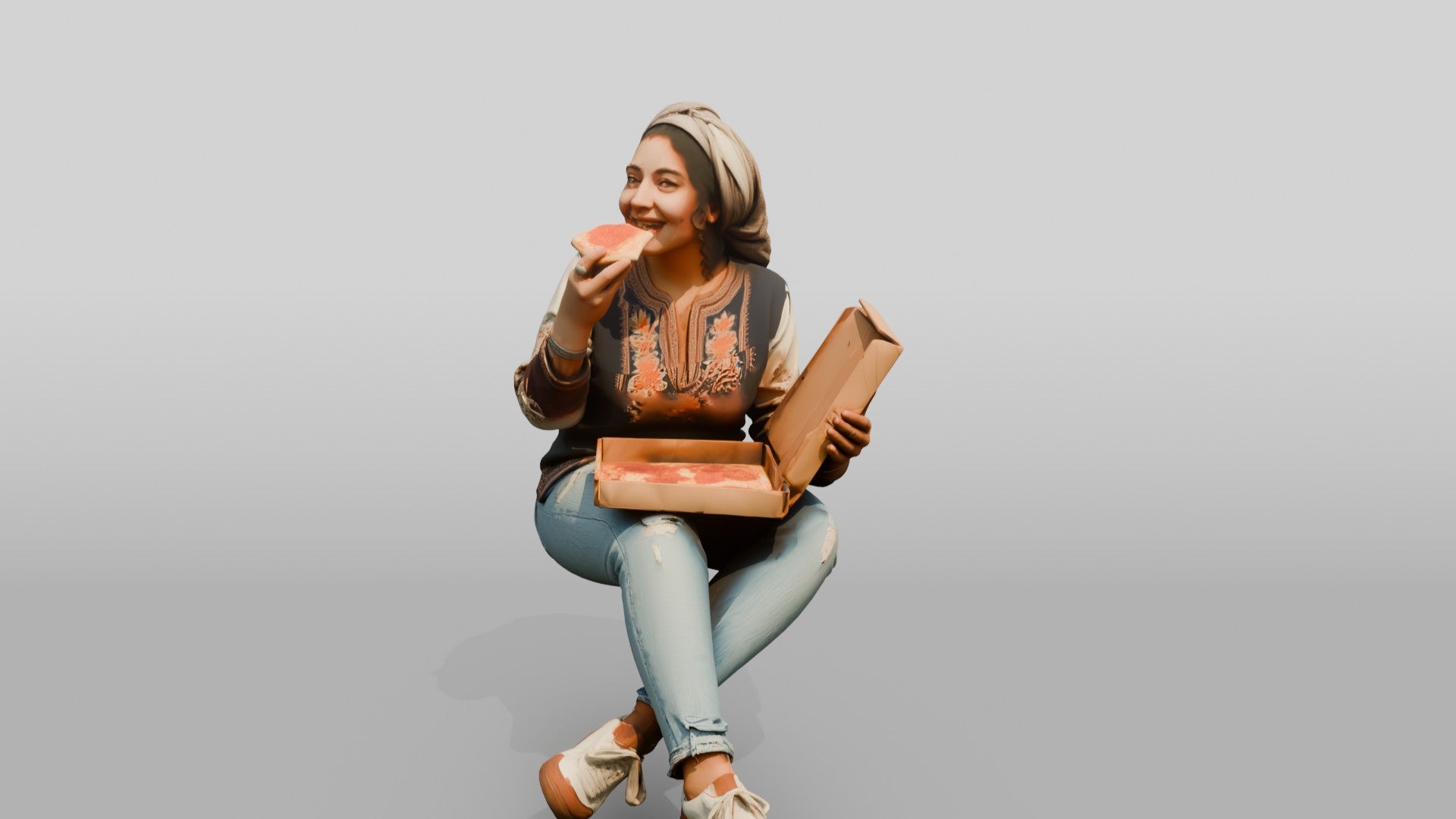 Woman in Headscarf Eating Pizza While Sitting