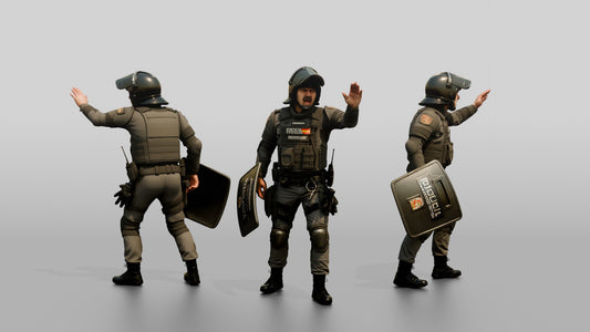 Riot Police Officers Gesturing with Shield