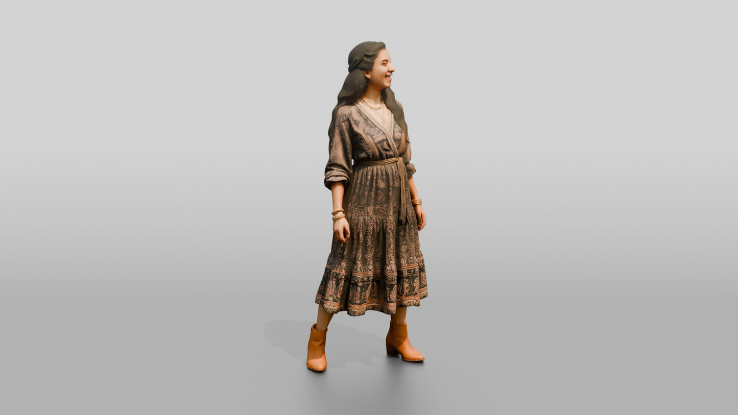 Woman Standing in a Patterned Dress