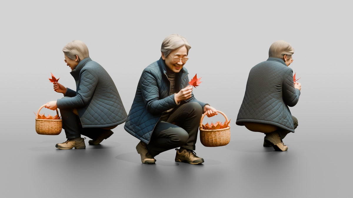 Elderly Chinese Woman Collecting Autumn Leaves - 3D character model