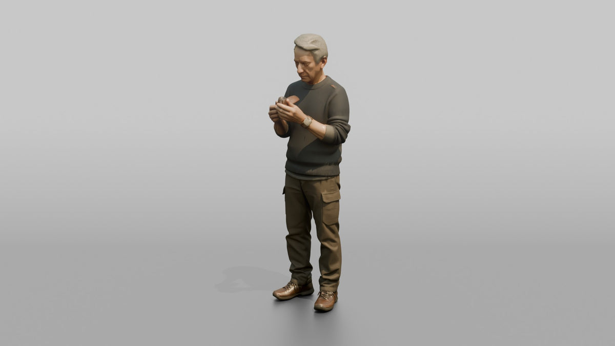 Grandfather Holding A Pipe, Examining It Thoughtfully - 3D character model, view 4