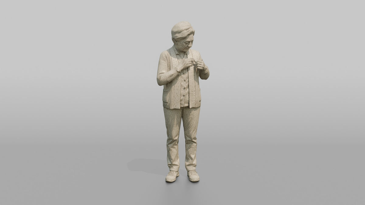Grandmother Adjusting A Brooch On Her Cardigan - wireframe topology preview