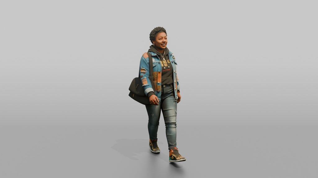 African Woman in Patched Denim Jacket Walking