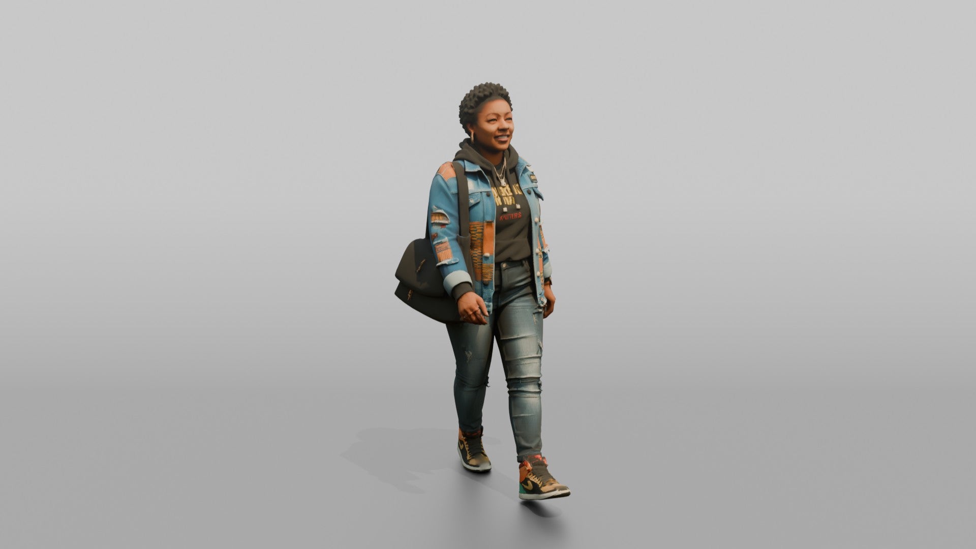 African Woman in Patched Denim Jacket Walking