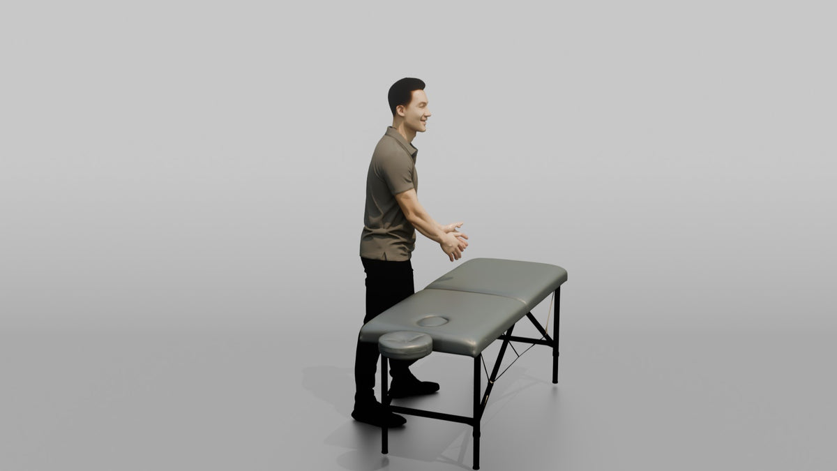 Massage Therapist Man Gesturing With Both Hands Over A Massage Table - 3D character model, view 2