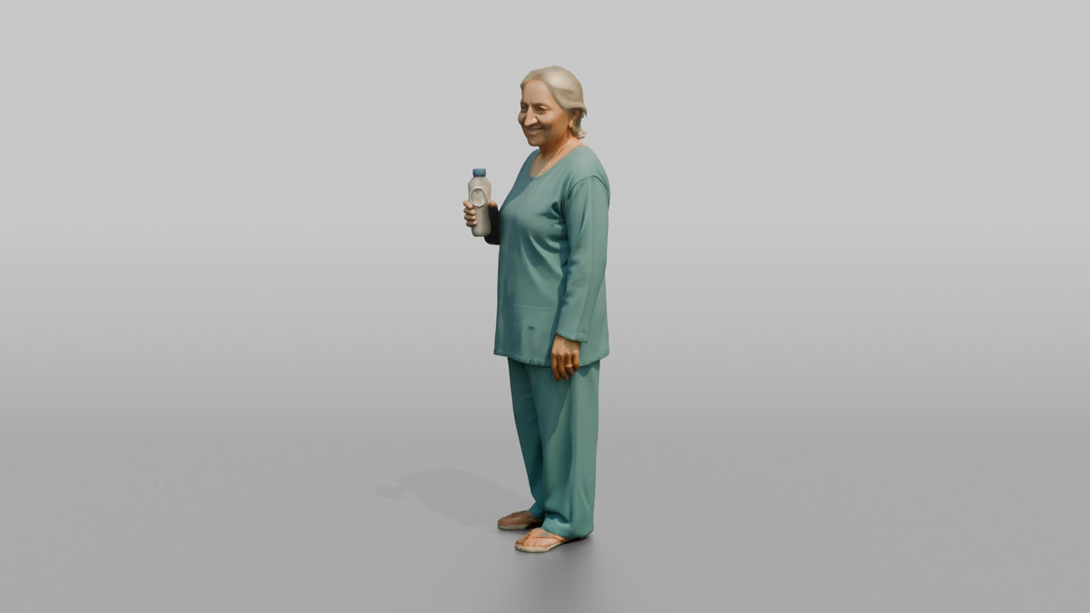 Spa Client Woman Standing Holding A Small Water Bottle, Post-treatment - 3D character model, view 4