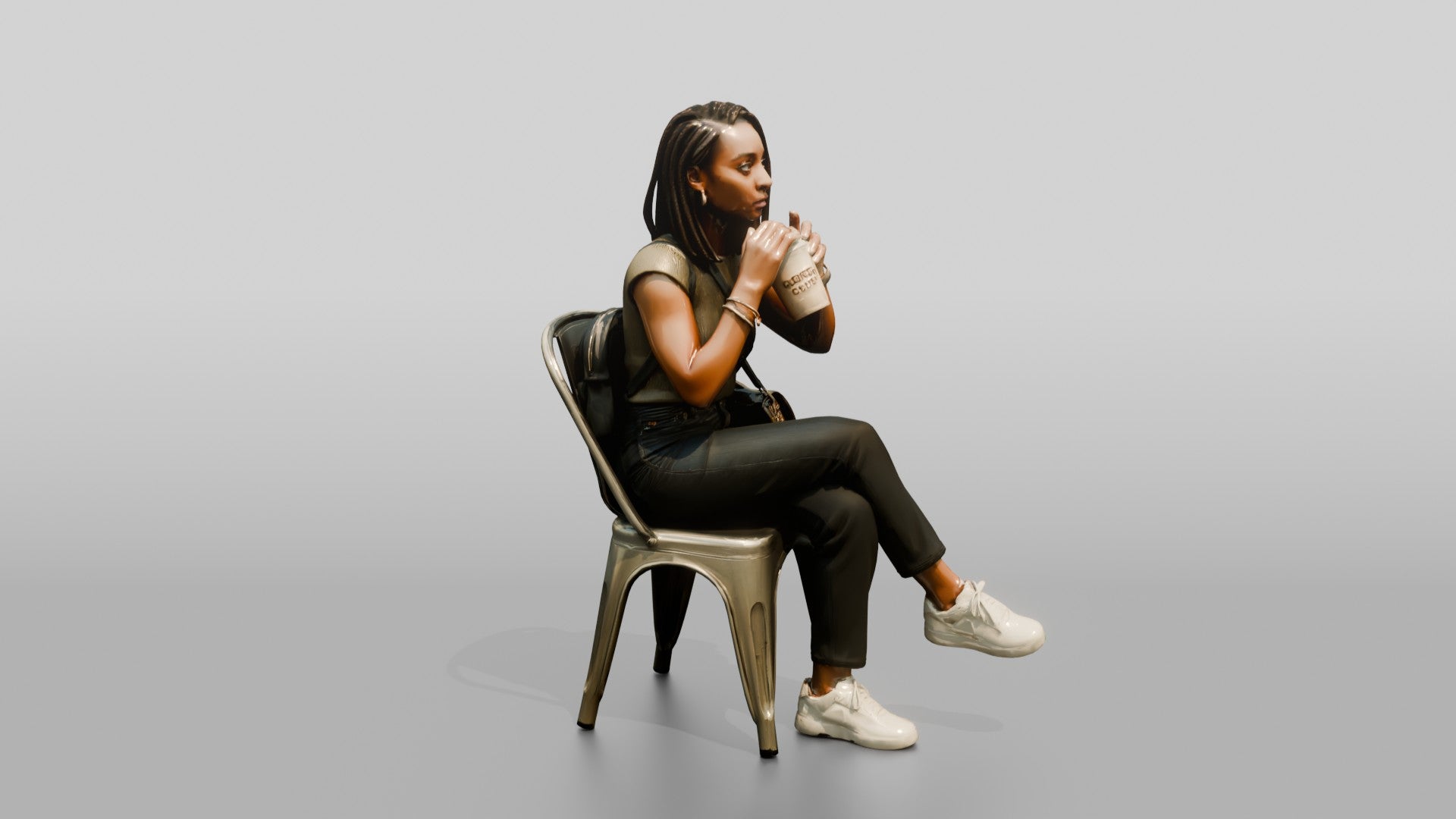Young Black Woman Seated Drinking Coffee with Handbag