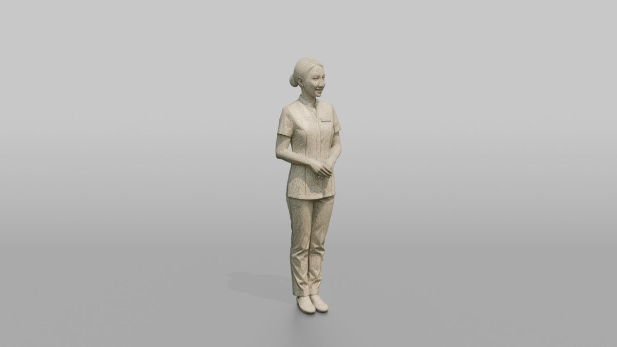 Spa Receptionist Woman Standing With Hands Folded, Welcoming Posture - wireframe topology preview
