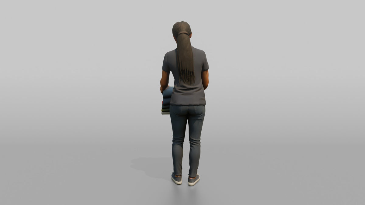 Woman Sales Associate Folding A Stack Of Sweaters - 3D character model, view 3
