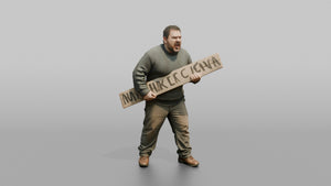 Protester Man Holding a Protest Sign - 3D character model, view 1