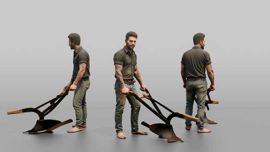 Farmer Holding Traditional Iron Hand Plow