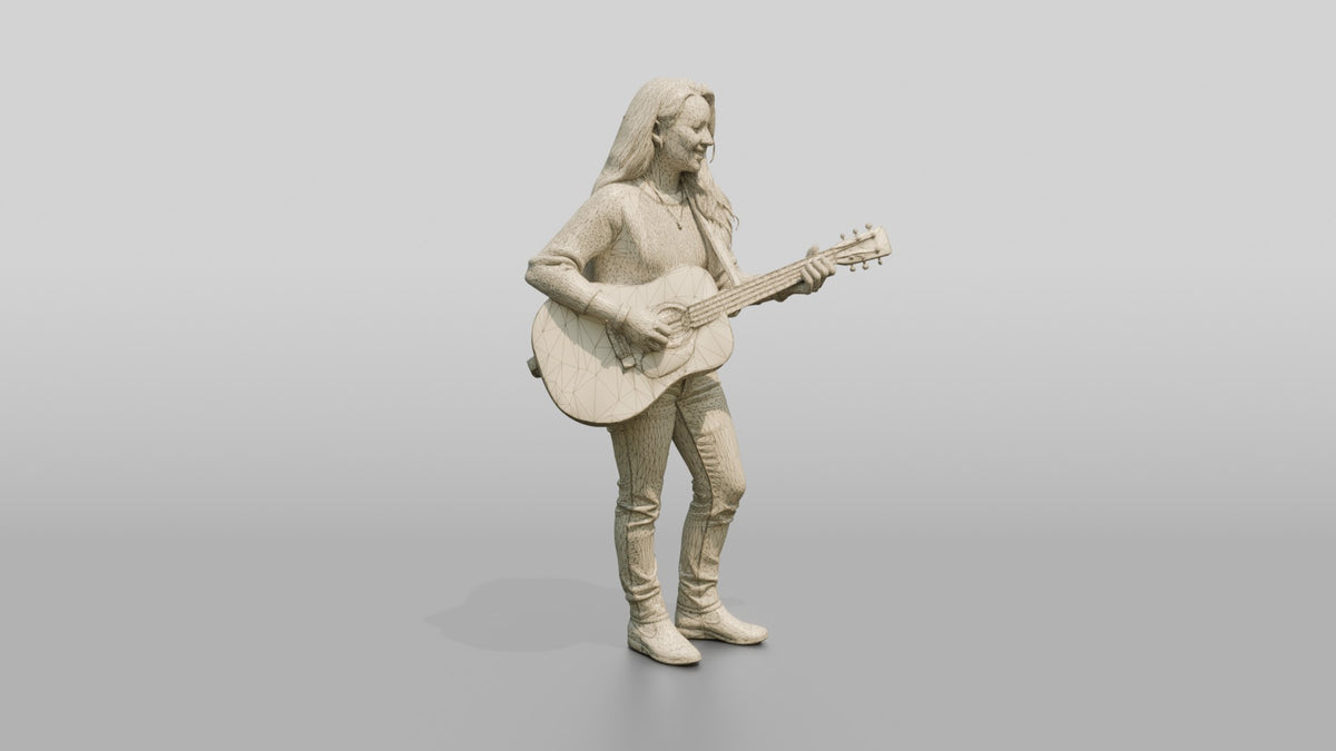 Folk Singer Strumming Acoustic Guitar - wireframe topology preview