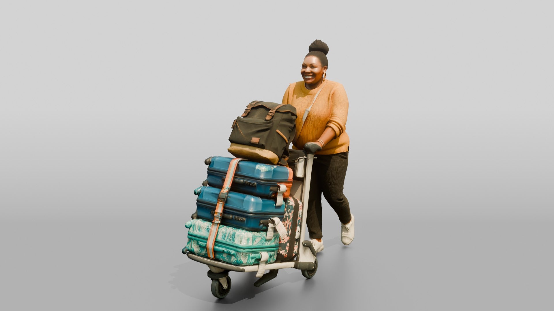 Plus-Size Woman Pushing Luggage Cart with Colorful Suitcases