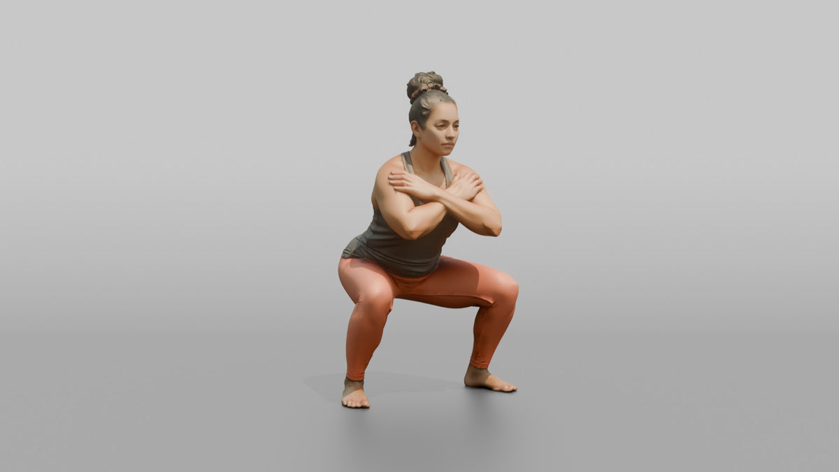Bodyweight Athlete Woman Holding A Deep Squat Position, Arms Crossed - 3D character model