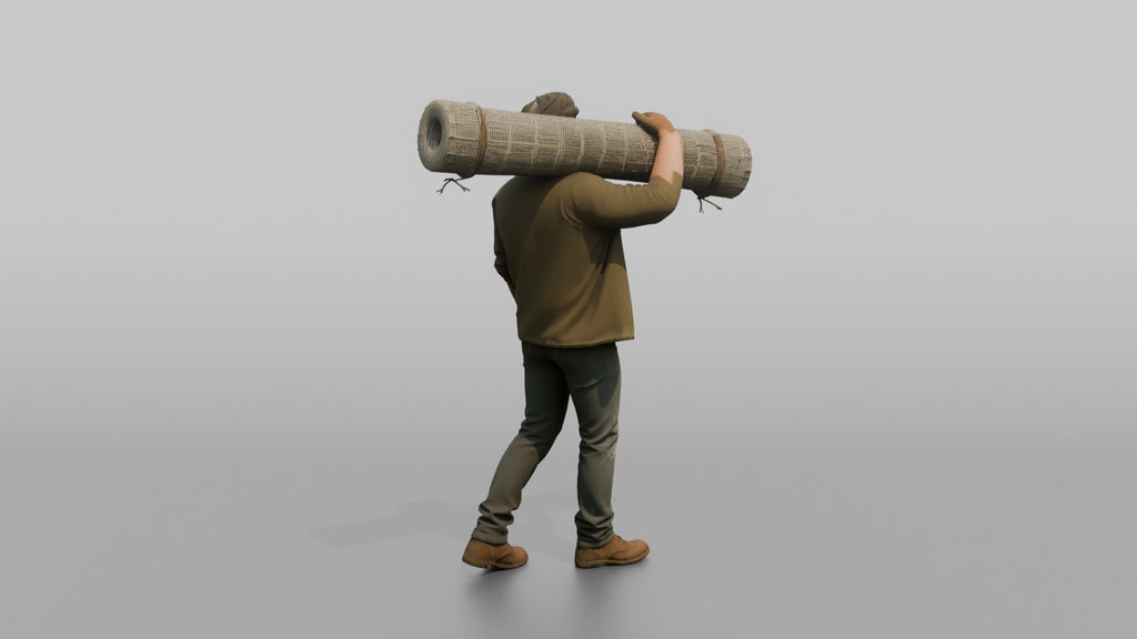 Farmer Carrying Heavy Roll Of Wire Mesh Fencing
