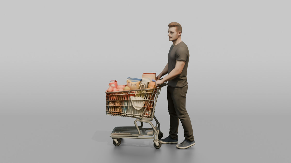 Man Customer Standing With A Shopping Cart Full Of Items - 3D character model, view 4