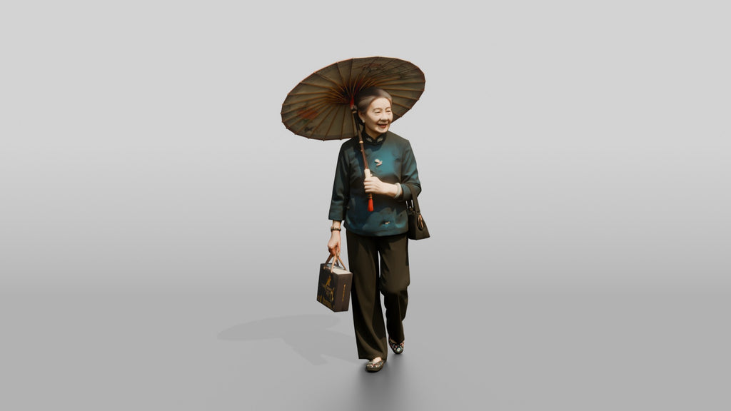 Elderly Chinese Woman in Qipao with Paper Umbrella