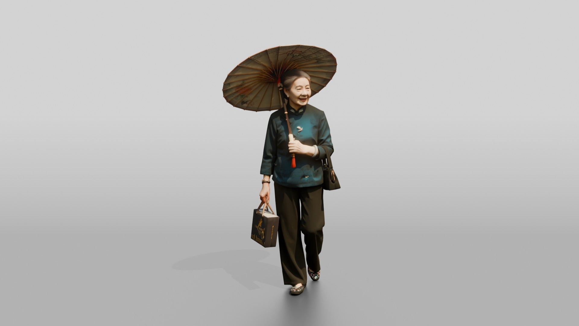 Elderly Chinese Woman in Qipao with Paper Umbrella
