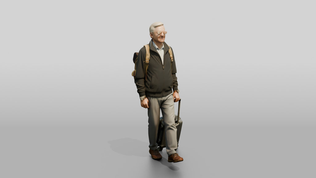 Elderly Man with Glasses Walking with Backpack and Carry-On