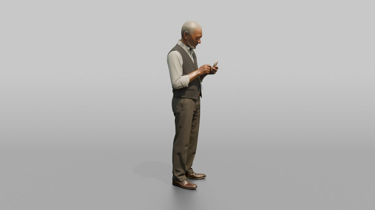 Grandfather Holding A Pocket Watch, Checking The Time - 3D character model, view 2