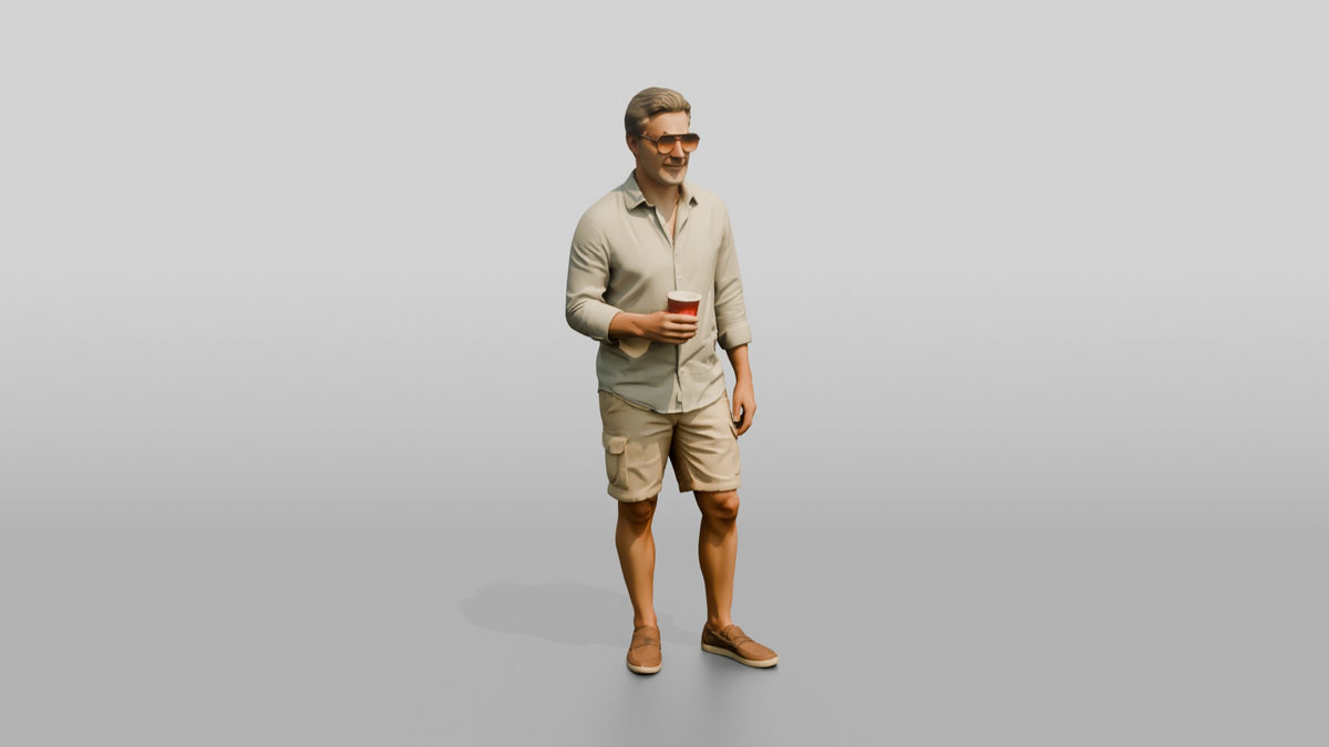 Older Hippie in Sunglasses with a Drink - 3D character model, view 1