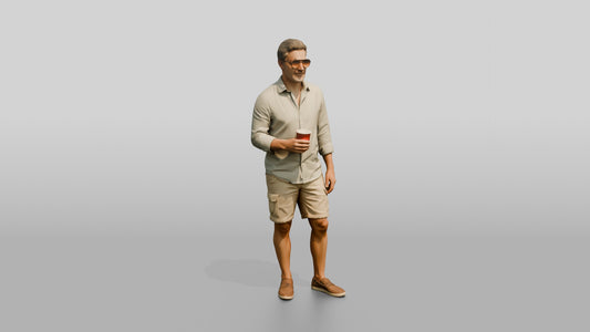 Older Hippie in Sunglasses with a Drink - 3D character model, view 1