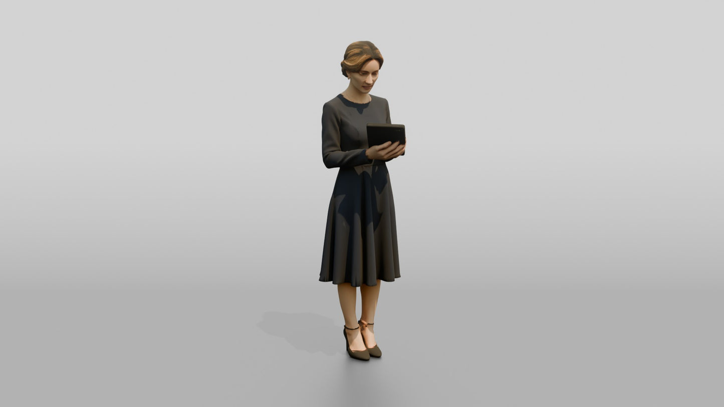 Woman Holding a Tablet in a Navy Dress