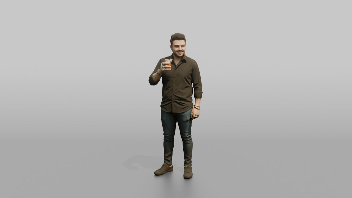 Patron Man Wearing Chunky Colorful Rings, Holding A Drink Up - 3D character model, view 5