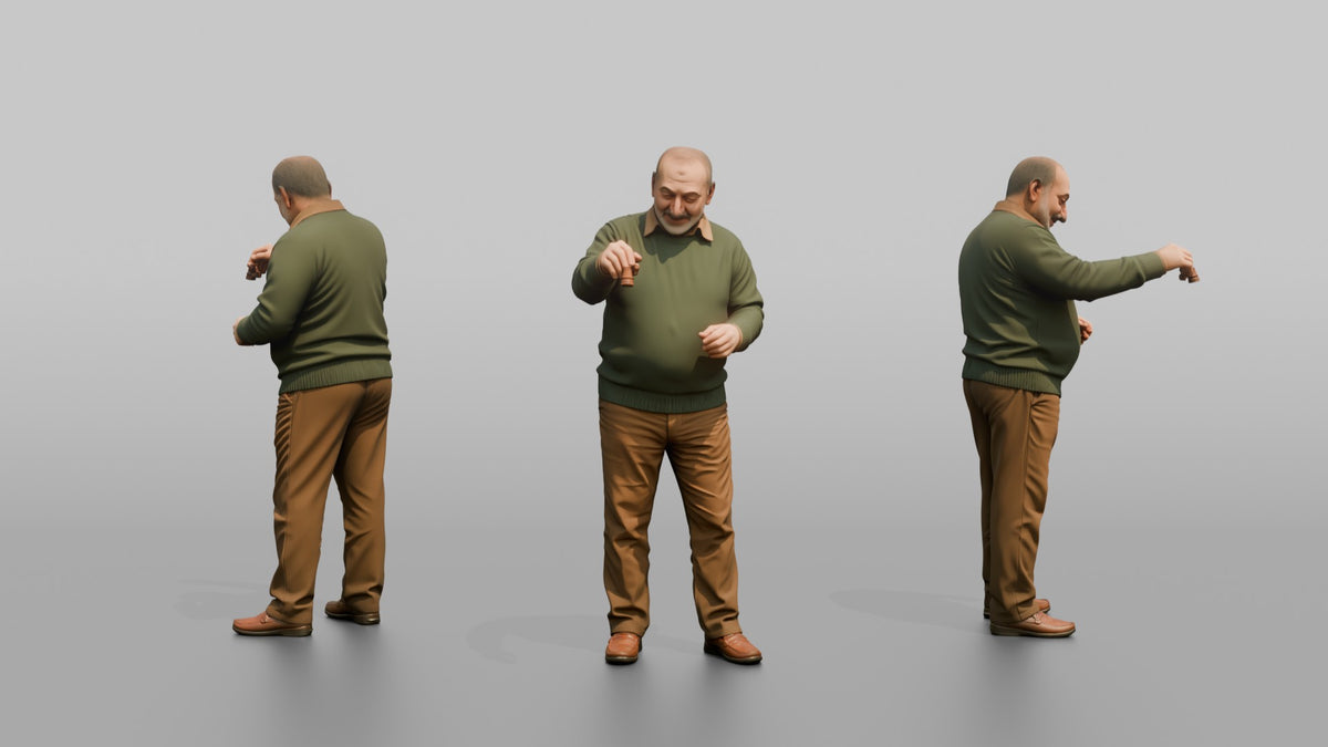 Grandfather Holding A Chess Piece, Mid-move Over An Unseen Board - 3D character model, view 1