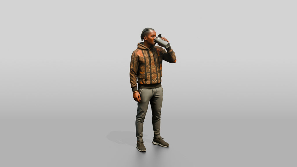 Athletic African Man Drinking Coffee in a Geometric Print Hoodie