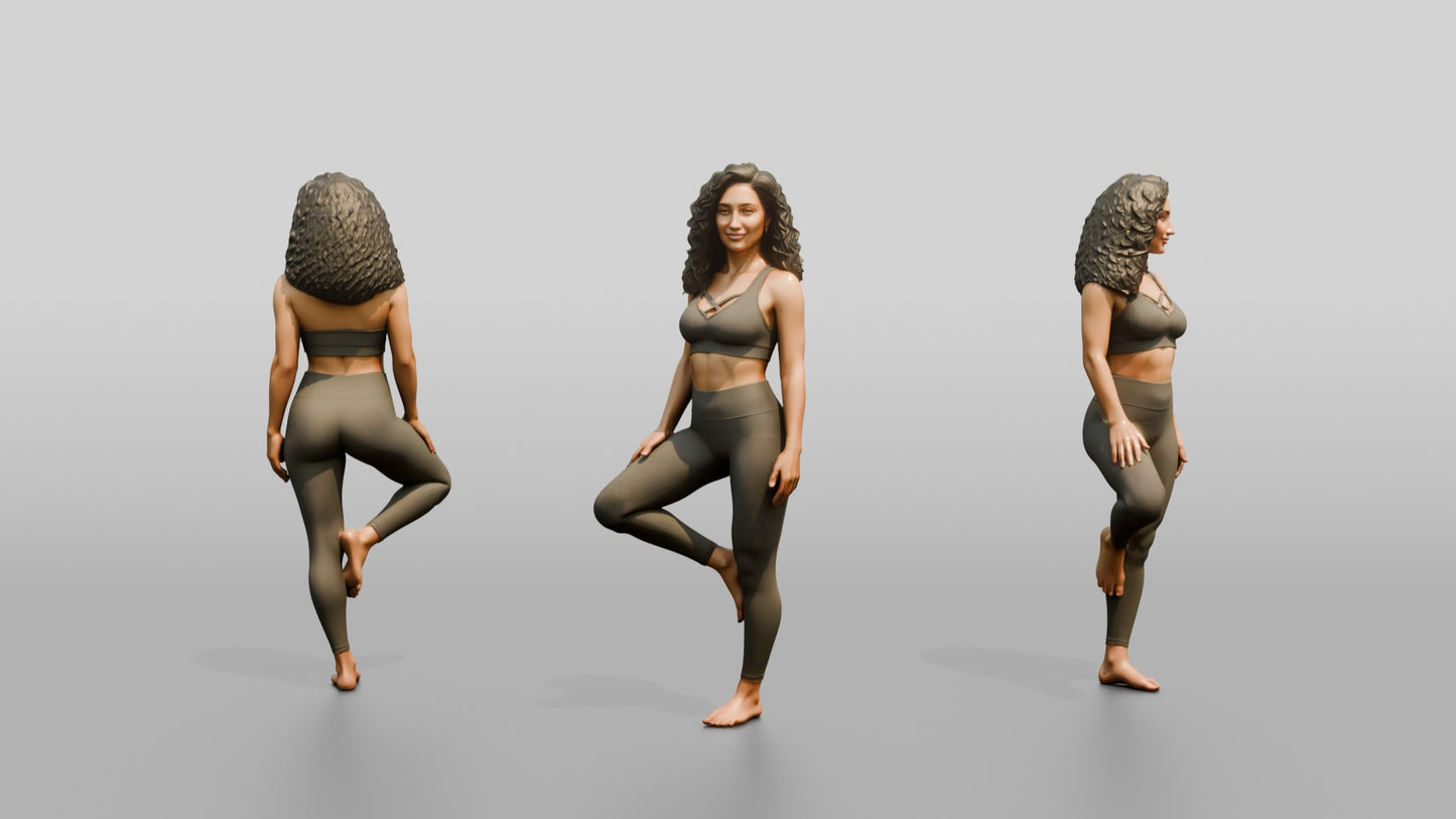 Curly-Haired Woman in Olive Activewear in Tree Pose