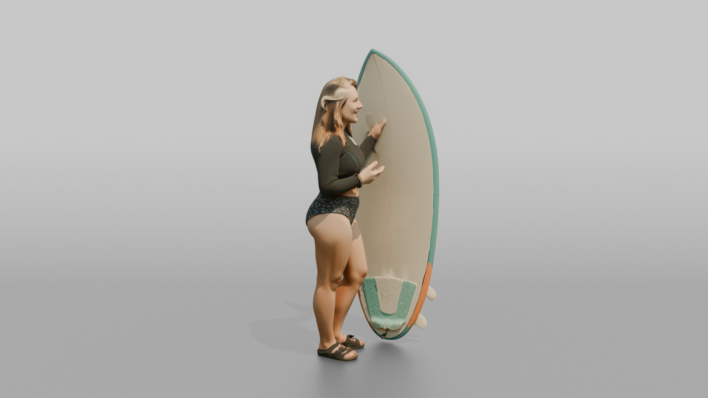 Surfer Standing and Chatting by Her Board
