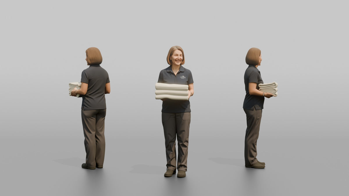 Massage Therapist Woman Holding A Neatly Folded Stack Of Towels - 3D character model, view 1