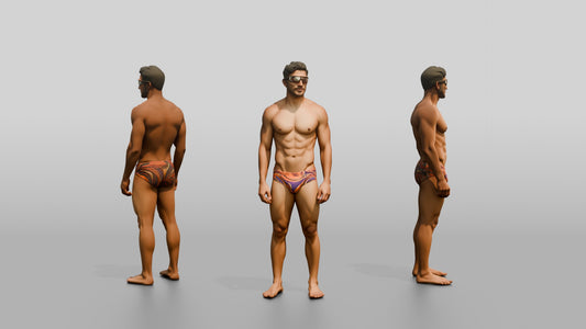 Latino Athlete in Orange Swim Brief Beach Pose