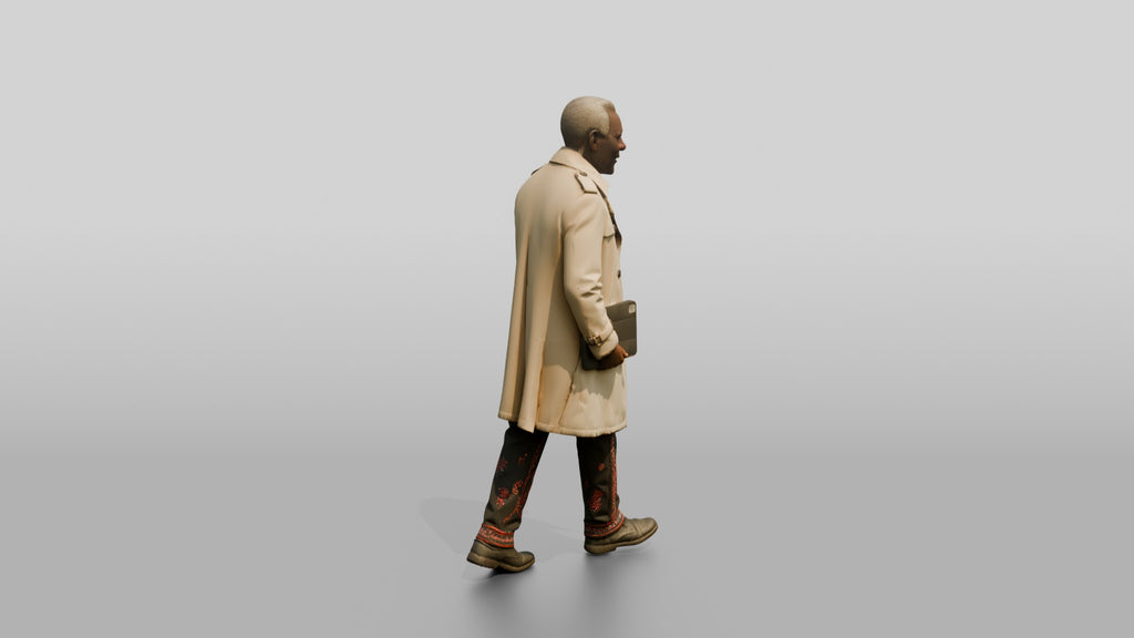 Elderly African Man in a Trench Coat Holding a Tablet
